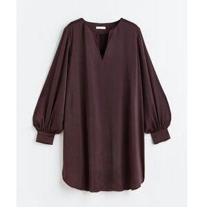 H&M Burgundy Satin Dress mini length balloon long sleeve Sz L NWT drapey comfy